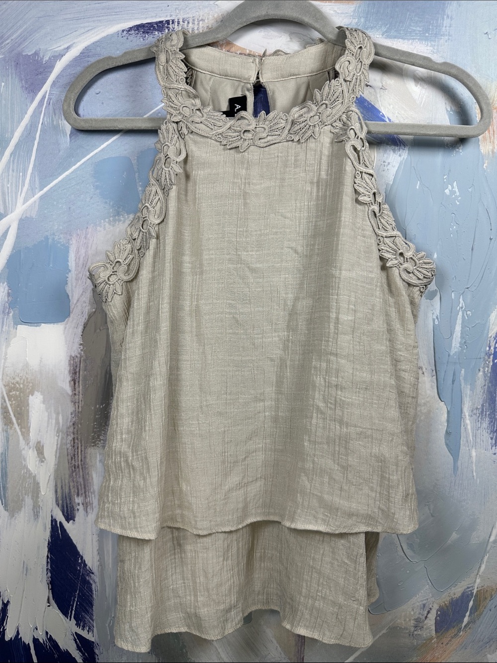 A. Byer Taupe Embroidered Floral Lace Trim Sleeveless Top Stone Taupe M Boho